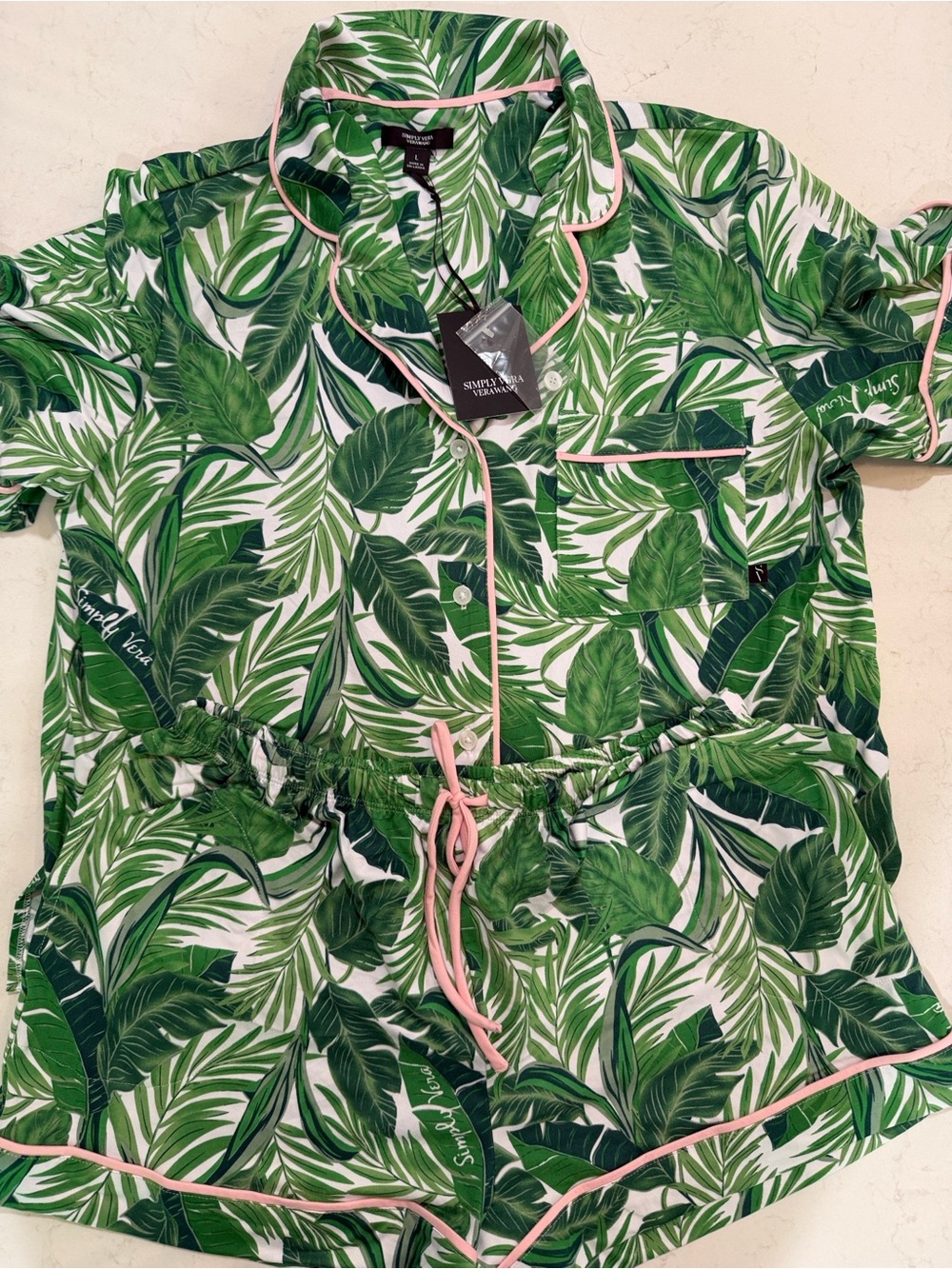 Simply Vera Vera Wang Green Tropical Leaf Kids Pajama Set with Pink Trim